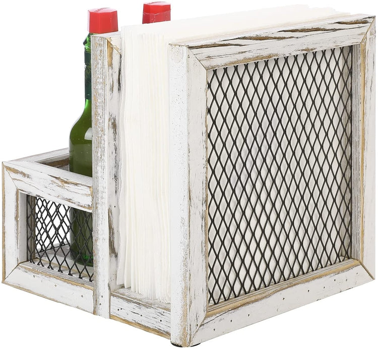Napkin Holder with Salt and Pepper Shaker Caddy, Whitewashed Wood Napkin and Condiment Holder with Metal Mesh Accent-MyGift