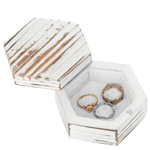 Hexagonal Antique Whitewash Wood Ring & Trinket Box-MyGift