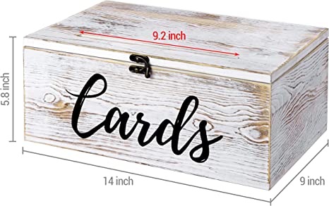 Shabby Whitewashed Wood Gift Card Box with Slotted Lid, Antique Hinge Latch & Cursive Cards Lettering-MyGift