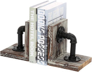 Industrial Urban Torched Wood and Black Metal Pipe Bookends (1 Pair)-MyGift