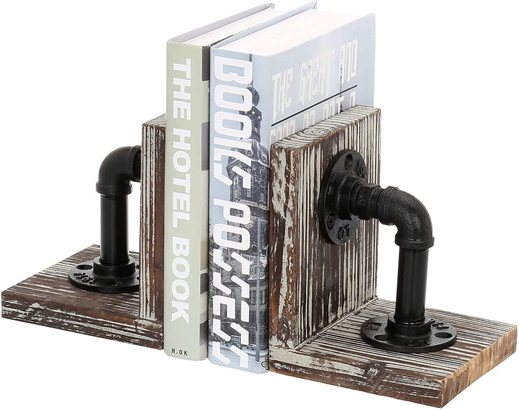 Industrial Urban Torched Wood and Black Metal Pipe Bookends (1 Pair)-MyGift