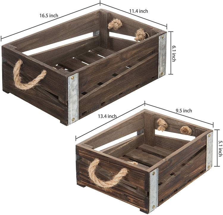 Set of 2 Brown Wood Rustic Nesting Storage Crates with Rope Handles, Open Top Storage Boxes-MyGift