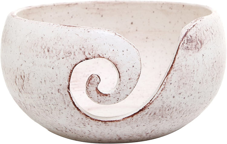 Handcrafted White Ceramic Knitting and Crocheting Yarn Storage Bowl, Holder with Swirl Design-MyGift