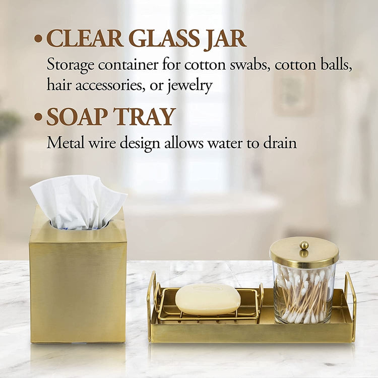 4 Pc Bathroom Accessories Set, Brass Tone Vanity Combo with Tissue Box Cover, Soap Dish, Clear Glass Jar, Vanity Tray-MyGift