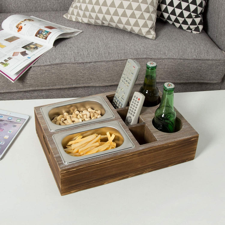 Whitewashed Wood Snacks Caddy Serving Crate Tray with 2 Cup Holders and 3  Remote Control Slots
