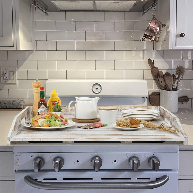 Whitewashed Wood Large Stove Top Cover and Countertop Tray, Noodle Board with Cutout Handles-MyGift