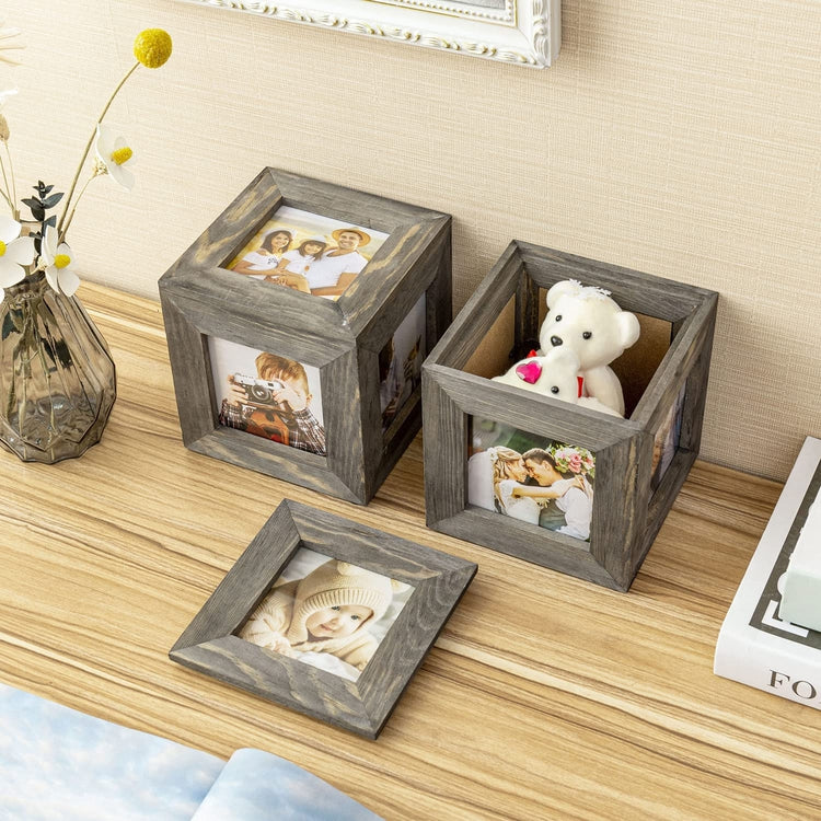 5 Inch Gray Wood Decorative Desk Picture Frame Keepsake Box, Set of 2-MyGift