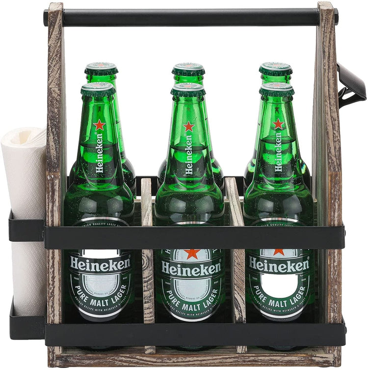 Torched Wood and Black Metal 6-Slot Beer Caddy Carrier with Bottle Opener and Napkin Holder-MyGift