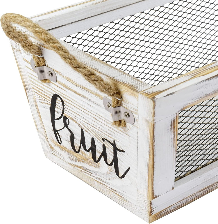 Wooden Fruit Basket, Whitewashed Wood Storage Bin with Wire Mesh Sides, Rope Handles and Cursive FRUIT Label-MyGift