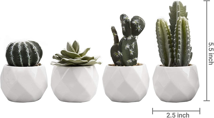 Set of 4 Miniature Assorted Artificial Cactus & Succulent Plants in White Geometric Ceramic Planters-MyGift