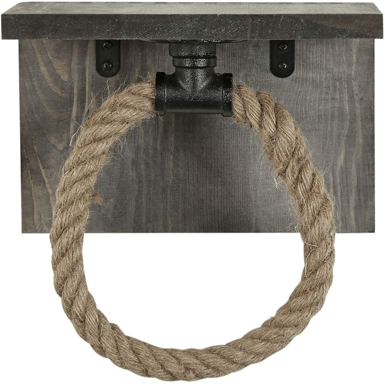 Gray Wood & Industrial Black Pipe Rope Hand Towel Ring w/ Shelf-MyGift