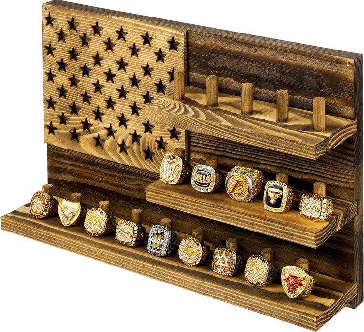 3 Tier Wood Sports Championship Ring Holder, Wall Mounted Jewelry Display Case Rack-MyGift