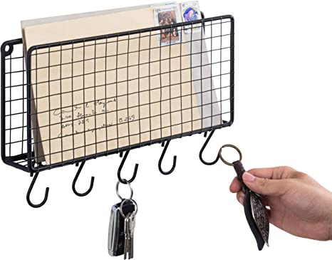 Wall Mounted Modern Black Metal Mail Holder Organizer, Mail Sorter with 5 Removable S-Hooks-MyGift