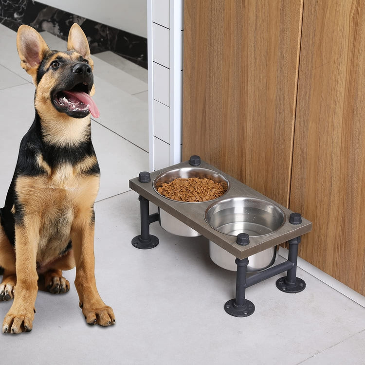 Weathered Gray Wood Raised Dog Bowls for Medium Dogs, Pet Feeder Station with 2 Stainless Steel Bowls-MyGift