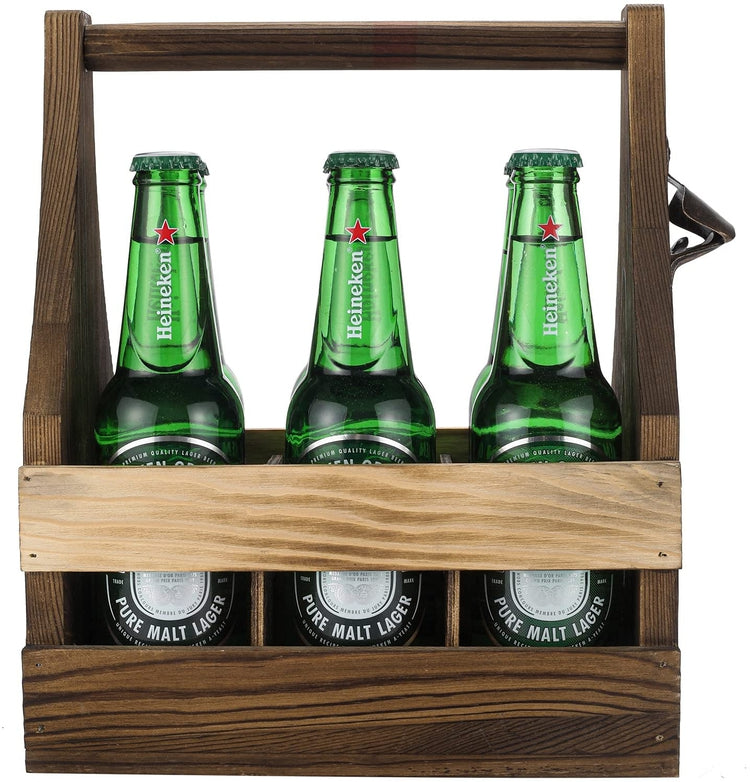 Two-Tone Burnt Wood Bottle Caddy, Six-Pack Beer Carrier with Built-In –  MyGift