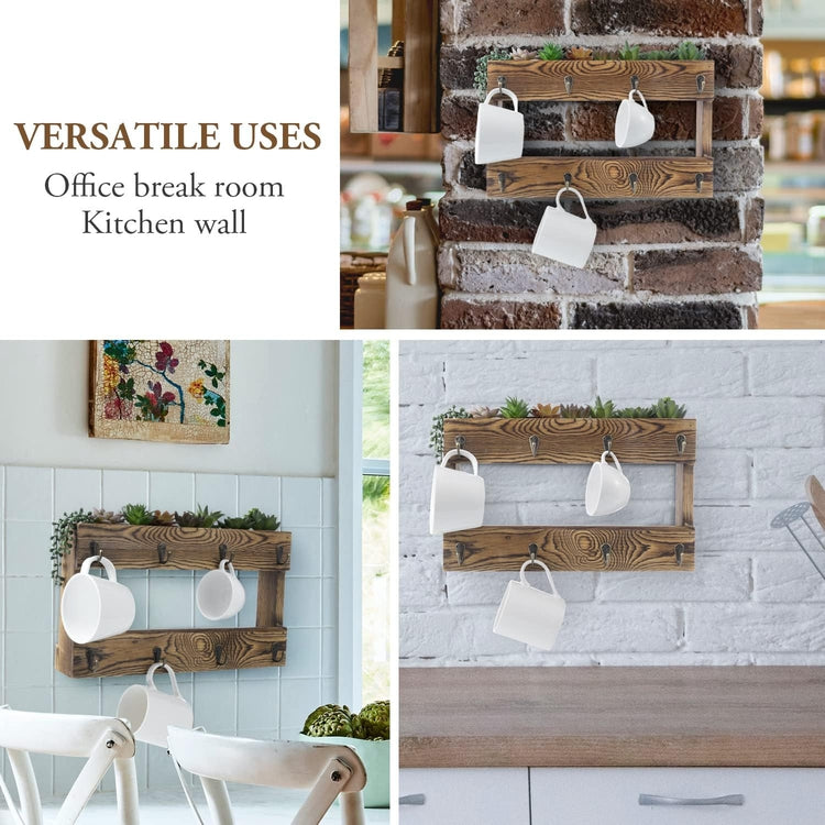 Wall Mounted 8-Hook Brown Wood Coffee Mug and Tea Cup Rack, Mug Hooks with Artificial Assorted Succulent Plants-MyGift