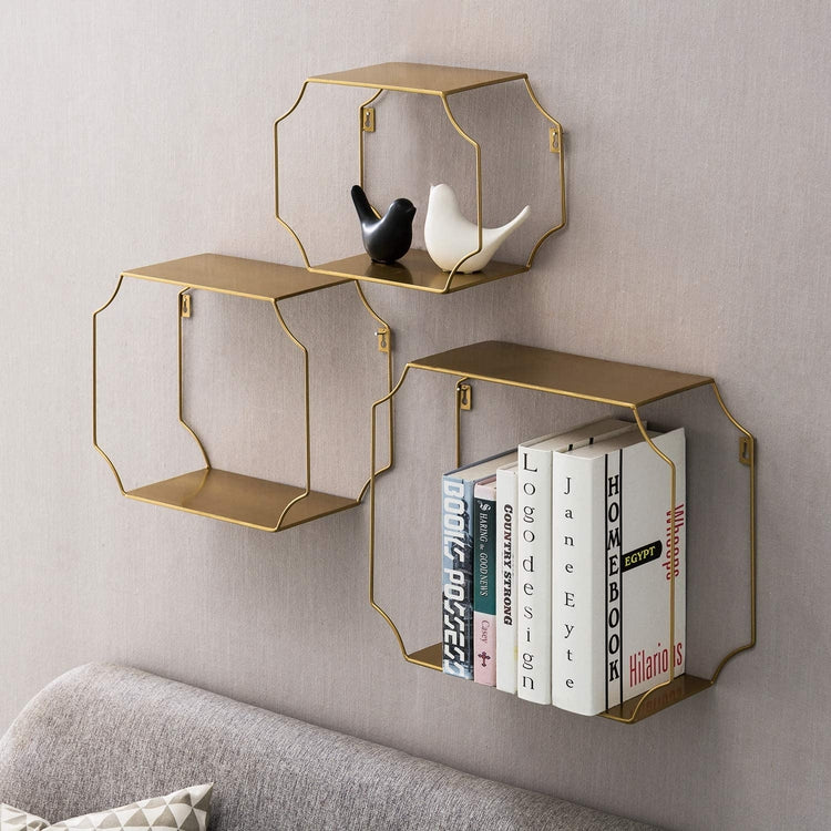 Set of 3 Metal Floating Wall Shelves with Vintage Brass Tone Wire Framing-MyGift
