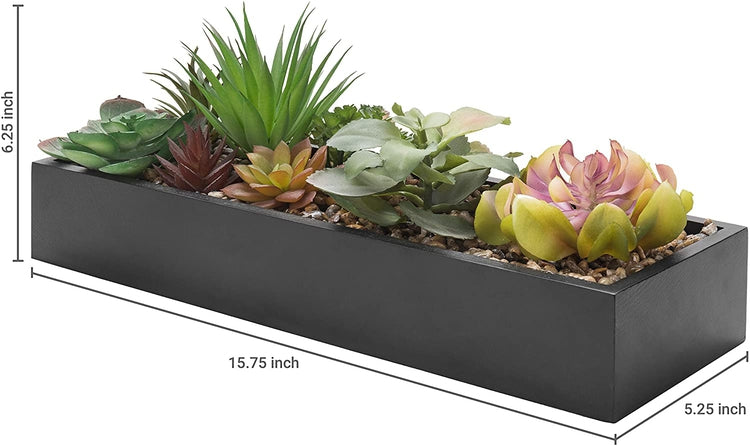 Artificial Succulent Plant Arrangement in Modern Black Wood Planter Pot-MyGift