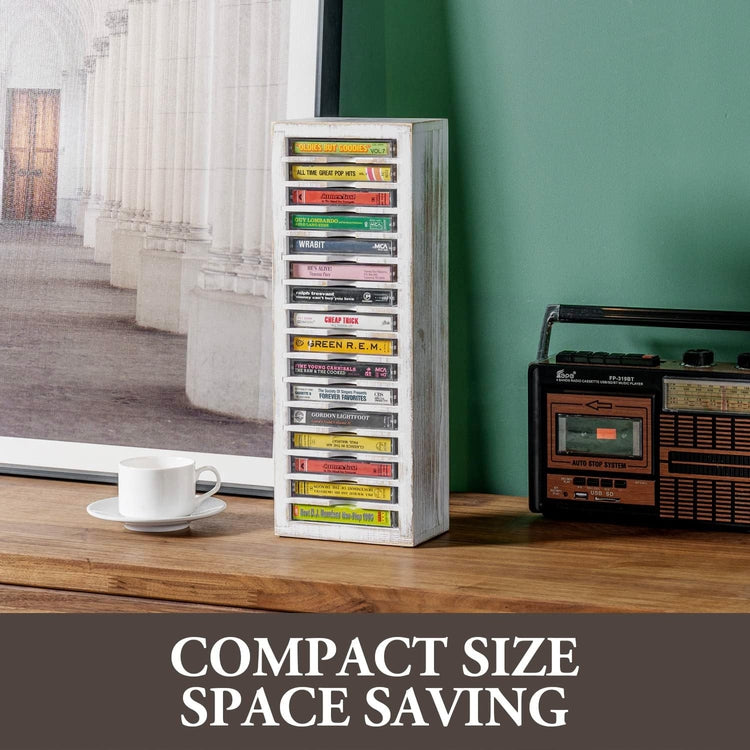 Whitewashed Wood Freestanding Audio Cassette Tower, Retro Music Slotted Storage Rack, Analog Audiotape Record Holder-MyGift