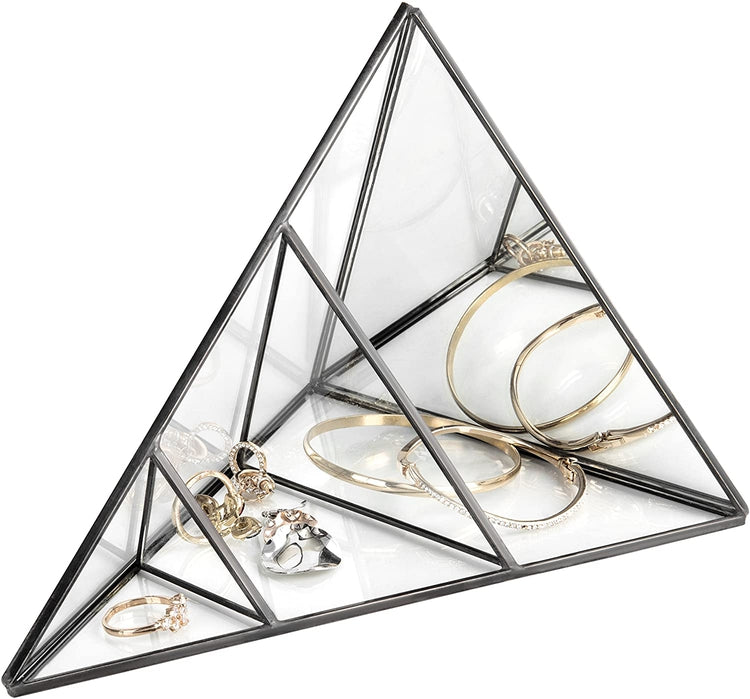 3-Tier Glass Pyramid Jewelry Stand Display Case with Black Metal Frame-MyGift