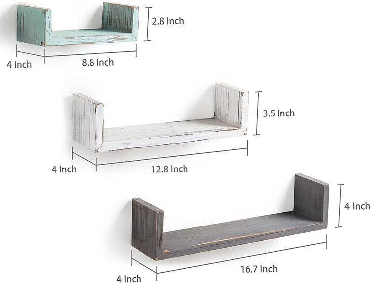 Set of 3 Mixed-Color Rustic Wood Floating U Shelves, Accent shelves-MyGift