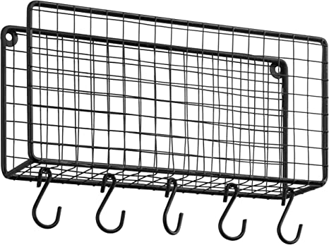 Wall Mounted Modern Black Metal Mail Holder Organizer, Mail Sorter with 5 Removable S-Hooks-MyGift