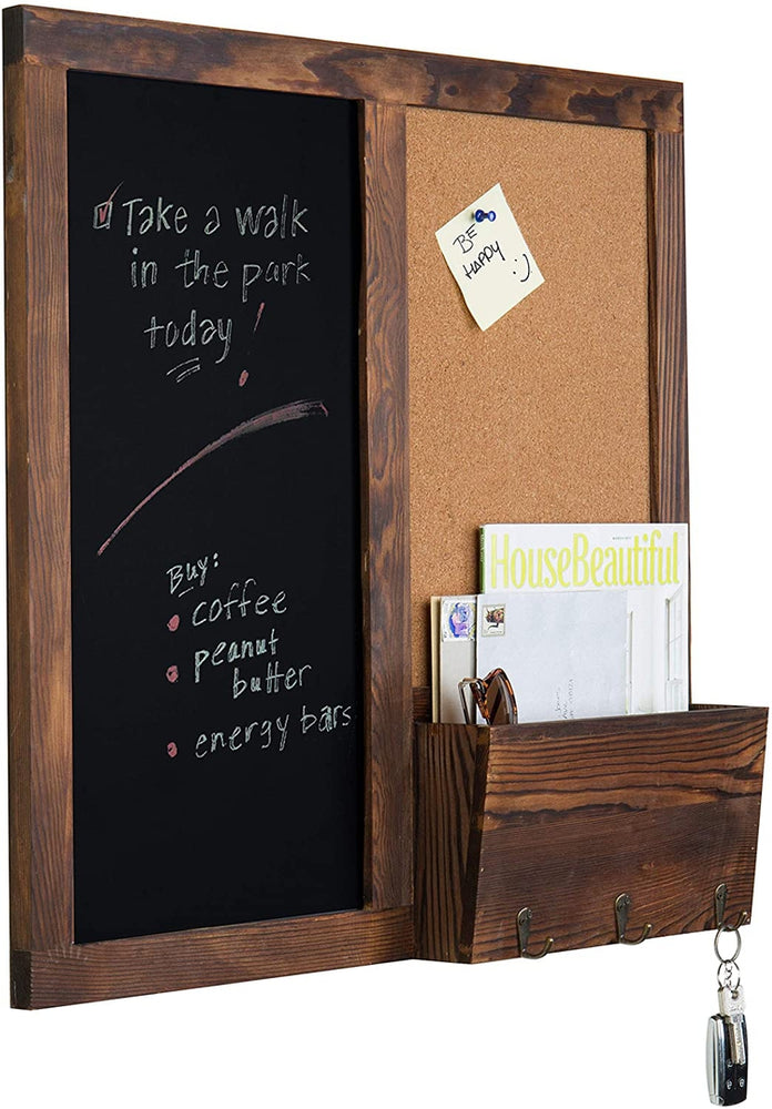 Wall Mounted Chalkboard with Key Hooks and Cork Board, Rustic Dark Brown Wood Mail Sorter-MyGift
