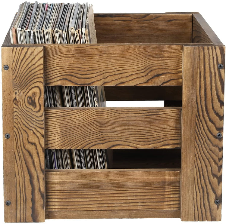 Rustic Burnt Wooden Crate Style Vinyl Record Storage Bin Organizer Box-MyGift