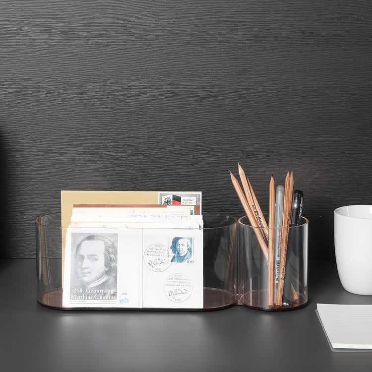 Acrylic Mail Sorter Stationery Holder and Pencil Cup Desktop Organizer Rack with Copper Base-MyGift