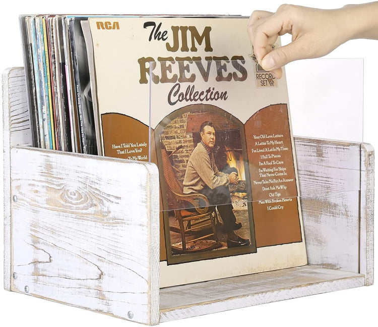 Whitewashed Wood Vinyl LP Record Album Holder Storage Crate with Clear Premium Acrylic Front Panel-MyGift