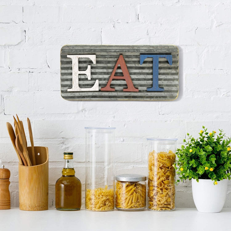 Red, White and Blue Cutout EAT Wood Letters with Corrugated Galvanized Metal Back Hanging Wall Art-MyGift