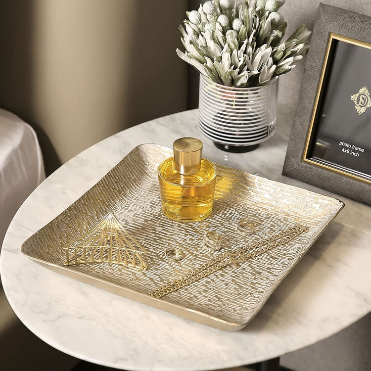 12 Inch Square Brass Metal Decorative Tray with Textured Design, Centerpiece Display Serving Tray-MyGift