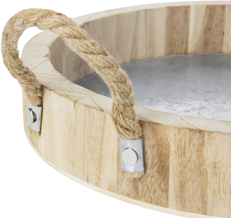 12-Inch Paulownia Wood and Galvanized Metal Round Serving Tray with Rope Handles-MyGift