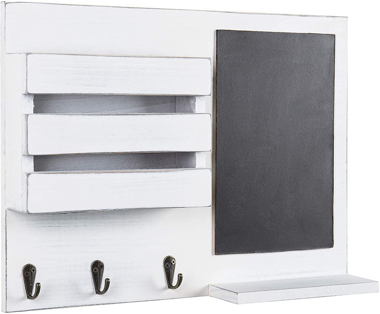 Vintage White Hanging Mail Sorter Rack with Chalkboard & 3 Key Hooks-MyGift