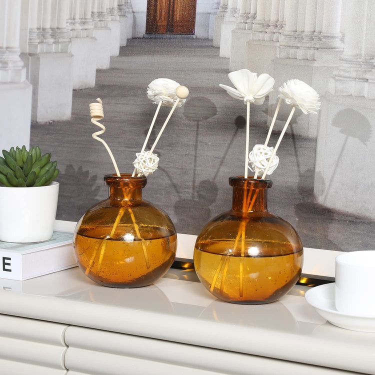 Set of 2, 5 inch Mid-Century Modern Amber Tinted Bulb Glass Decorative Diffuser Bottles, Flower Bud Vases-MyGift