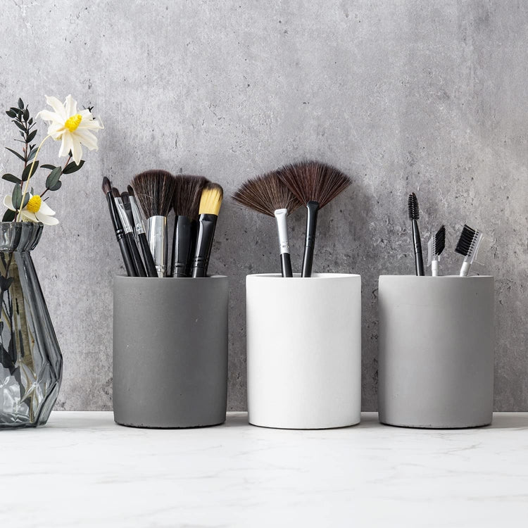 Set of 3, Gray Concrete Cylinders Desktop Pencil Cups, Office Stationery Storage Organizer Holders-MyGift