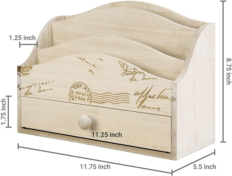 Postcard Design Whitewashed Wood Desktop Mail Holder with Drawer-MyGift