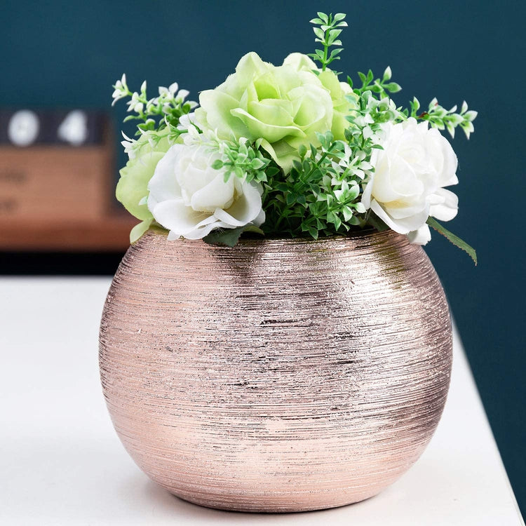 7-Inch Round Rose Gold-Tone Metallic Ceramic Flower Pot, Decorative Bowl Vase-MyGift