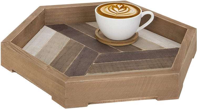 12-inch Rustic Chevron Design Wood Serving Tray, Geometric Display Platter-MyGift