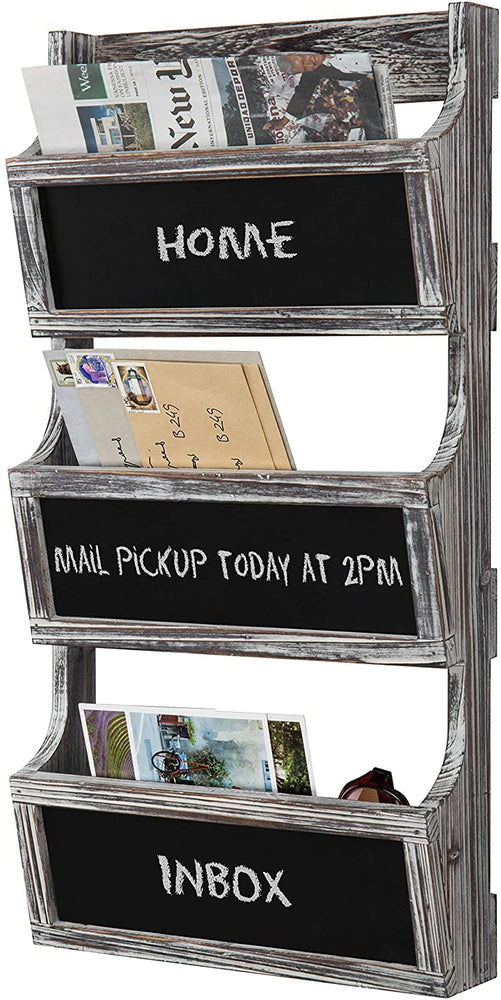 3 Slot Distressed Gray Wood Wall Mounted Mail Sorter, Magazine Rack with Chalkboard Labels-MyGift