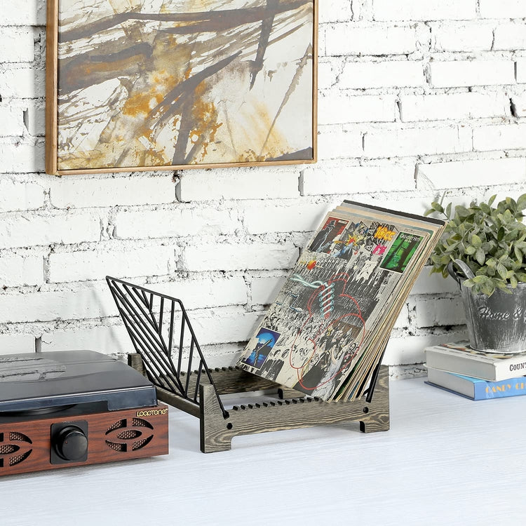 Gray Wood and Black Metal Wire Tabletop Vinyl Record Album Holder Rack-MyGift