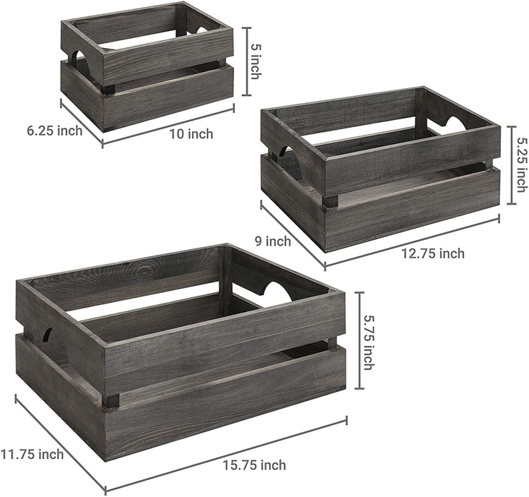 Set of 3, 16 x 12 Inch Grey Wood Nesting Storage and Accent Crates-MyGift