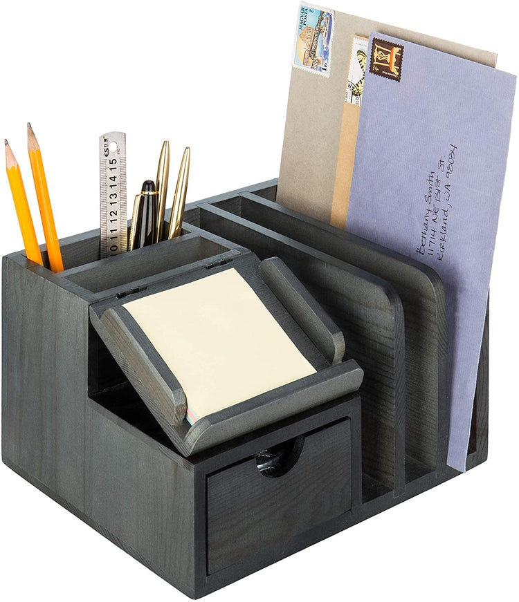 Vintage Grey Wooden Desktop Organizer with Sticky Note Pad Holder & Mail Sorter-MyGift