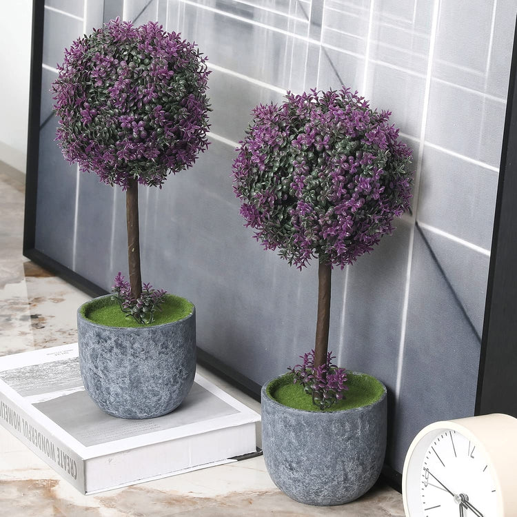 Set of 2, 12 inch Artificial Purple Boxwood Topiary Trees, Tabletop Decorative Faux Plants with Gray Plastic Pots-MyGift