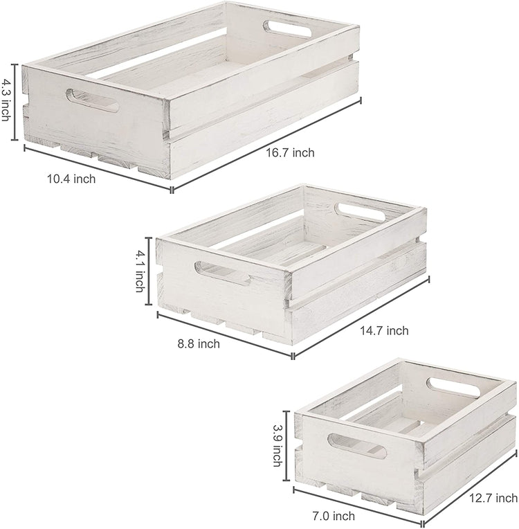 Set of 3 Vintage Whitewashed Wood 16 x 10 Inch Nesting Storage Crates with Handles-MyGift