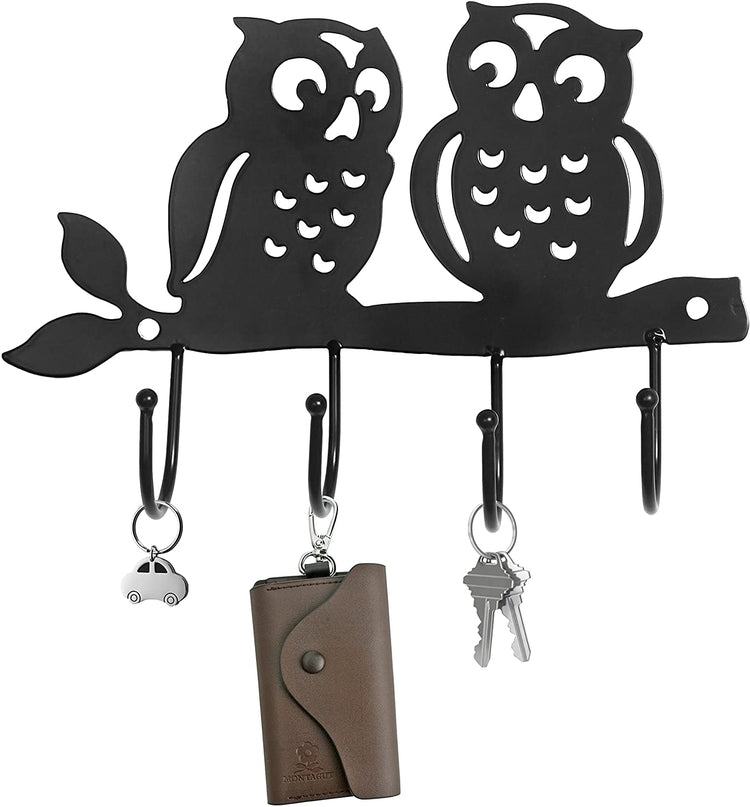 Decorative Owl Design Black Metal 4 Key Hook Rack, Wall Mounted Hanging Storage Organizer-MyGift