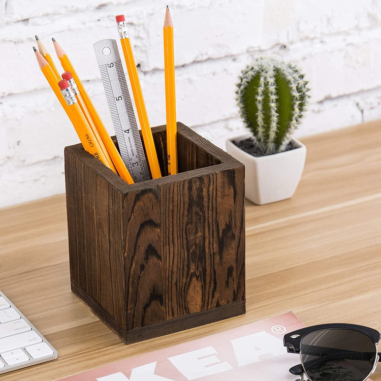 Dark Brown Wood Desktop Pen & Pencil Holder Cup, Office Supply Caddy-MyGift