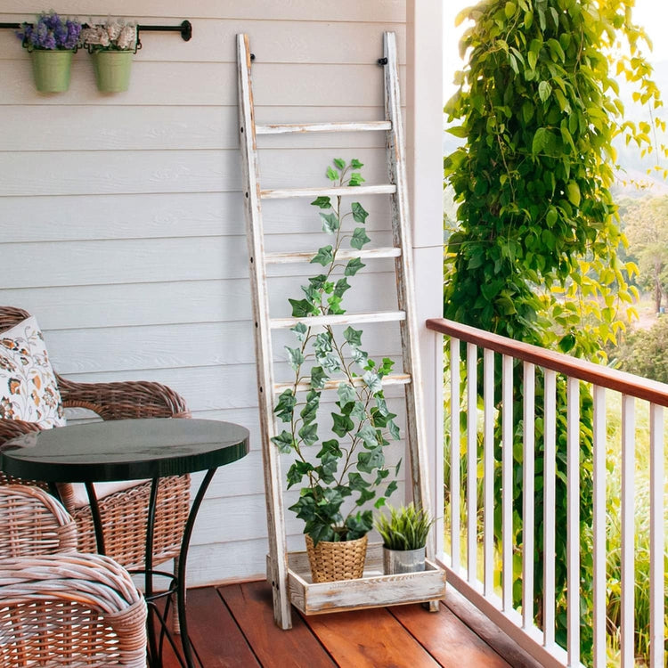 4.5 Foot White Wood Standing Ladder Style, Plant Stand Trellis with Garden Tray-MyGift