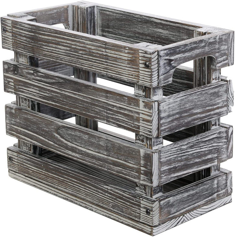 Torched Wood Magazine Holder Bathroom Storage Organizer Basket Crate with Cutout Handles-MyGift