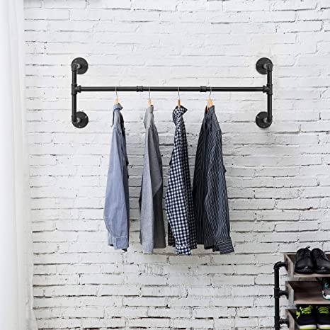 Wall Mounted Industrial Pipe Style Black Metal Clothes Display Garment Rack-MyGift